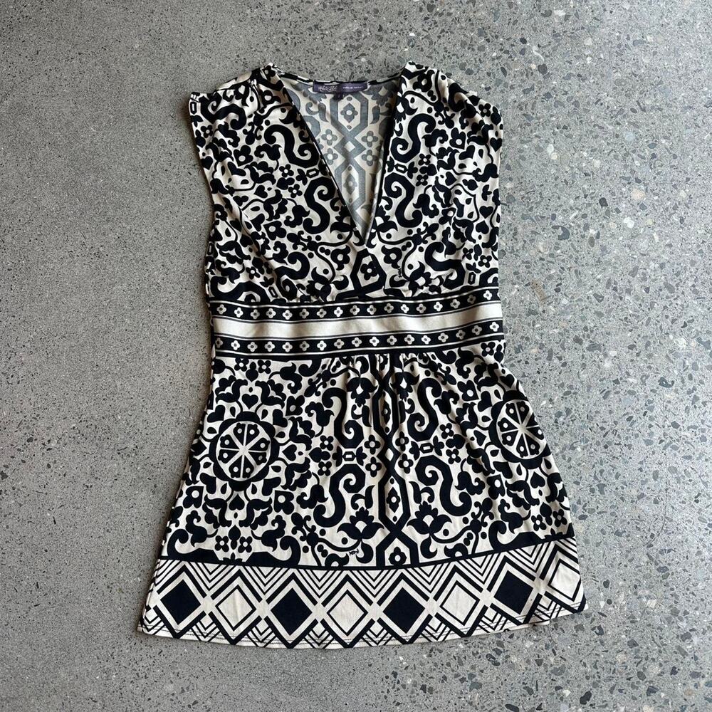 Hale Bob Women’s Small Sleeveless V Neck Tunic Black Cream Ornate Print Y2K